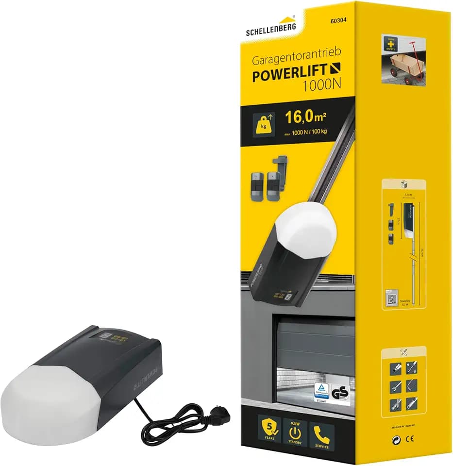 Schellenberg Garagentorantrieb Powerlift 1000 N, max. Torfläche 16 m², Zugkraft 1000 N, inkl. 2x 433,92 MHz 4-Kanal Handsender und Sonnenblendenclip für Handsender, 60304