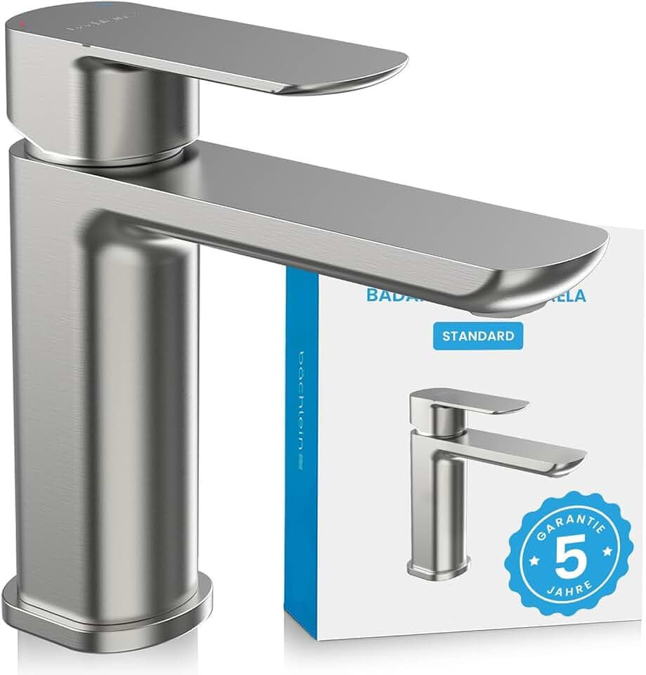 Bächlein Badarmatur Mizarela in klassischem Design, Einhebelmischer mit langlebiger Keramikkartusche und Montage-Set, Bad Wasserhahn Edelstahl gebürstet - flacher Auslauf