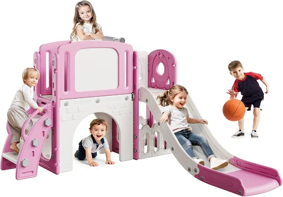 Garvee 8-in-1 Toddler Slide Indoor & Outdoor Playground Playset for Kids-Includes Climber, Basketball Hoop, Telescope, Tunnel, and Storage Space for Backyard & Courtyard Fun