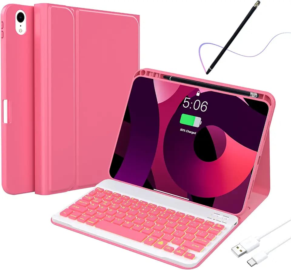 10th Case with Bluetooth Keyboard Compatible with iPad 10th Generation 10.9-inch 2022, Protective Cover with Pencil Holder,Detachable Wireless Rechargeable Keyboard with Adjustable Backlit,pink