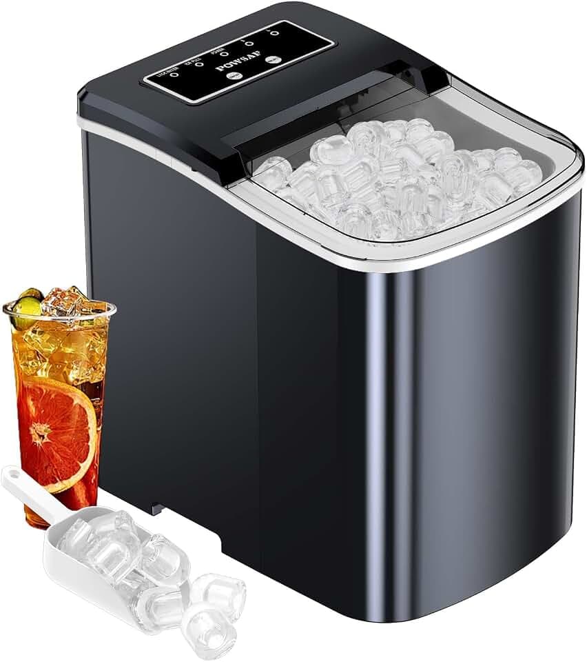 POWSAF Eiswürfelmaschine, Selbstreinigend Tisch Eiswürfelbereiter, Kleine Eismaschine mit Eisportionierer & Korb, 9 Eiswürfel in 8 min, 12 kg/24 Std, Ideal für Zuhause, Büro, Camping, Schwarz