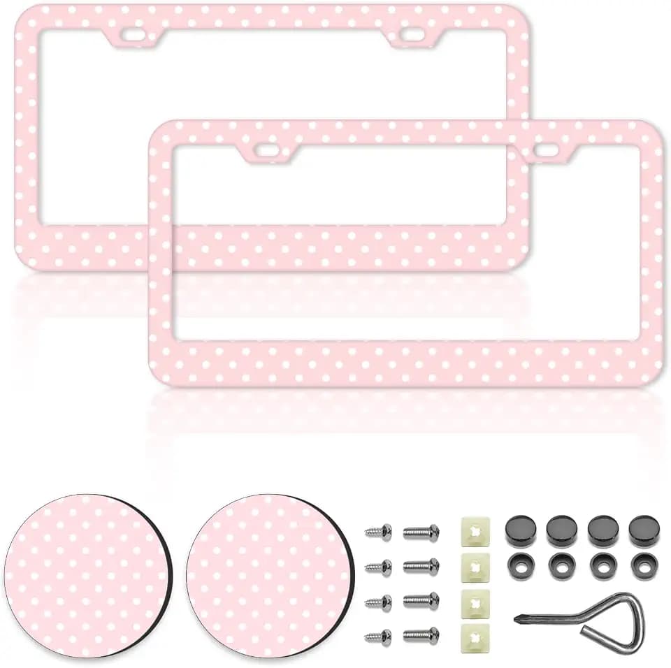 Polka Dots License Plate Frames，Polka dots Car Accessories for Women and Men ，Cute License Plate，Aluminum License Plate Frame Fits Standard US Vehicles Size 12.2 x 6 Inch (Pink-Polka dots)