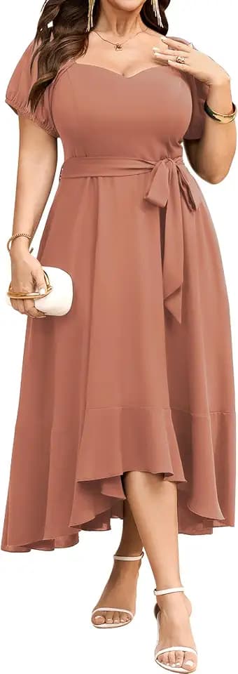 SCOMCHIC Women's Plus Size Dress for Cocktail Wedding Guest Sweetheart Neckline Formal Belted Maxi Dress with Pockets