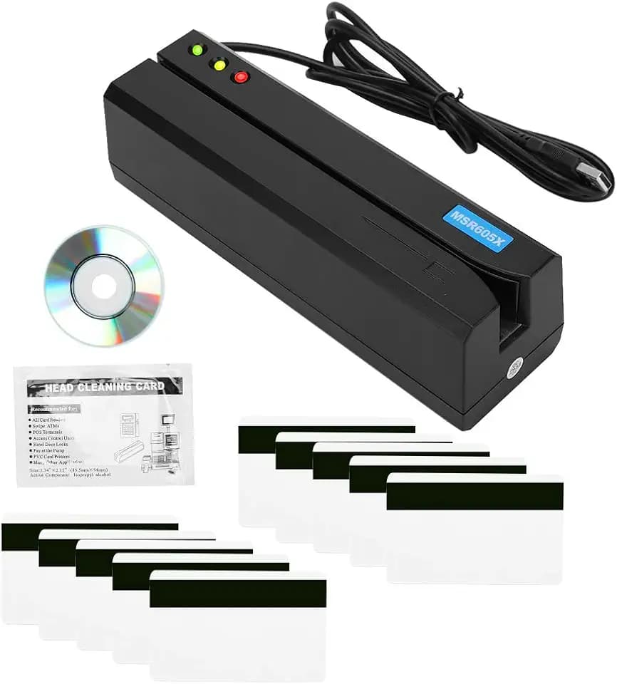 Tyenaza Magnetstreifen-Kartenleser, MSR605X Kreditkartenleser, Schreiber, Codierer, 3 Spuren mit 10 leeren Karten, 1 Stück zum Entfernen der Karte und 1 Stück Software-CD