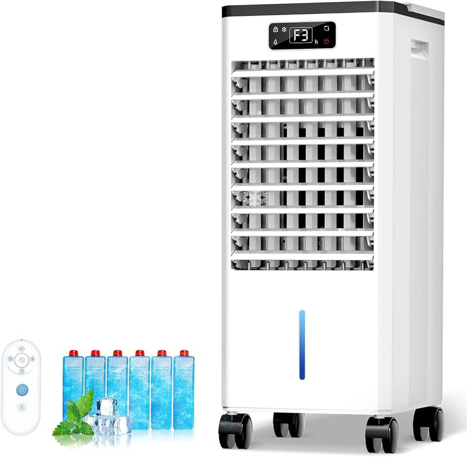 Portable Air Conditioners, 4-IN-1 Swamp Cooler, Evaporative Air Coolers with 3 Speeds & 4 Modes, 2-Gal Water Tank for Cooling, 15-20 FT/s Remote and Touch Control for Indoors Use