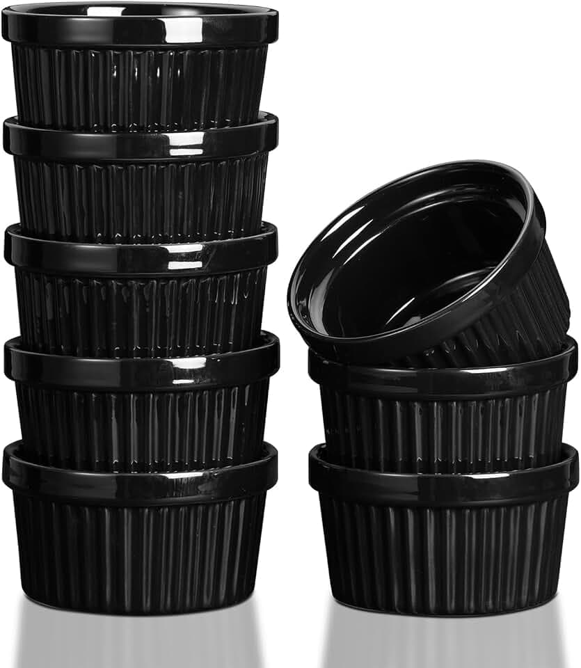 8 Oz Ceramic Ramekins Oven Safe for Baking, Creme Brulee Souffle Bowls, Dipping Sauce Bowls, Classic Dessert Bowls for Pudding, Dishwasher, Freezer Safe, Set of 8, Black