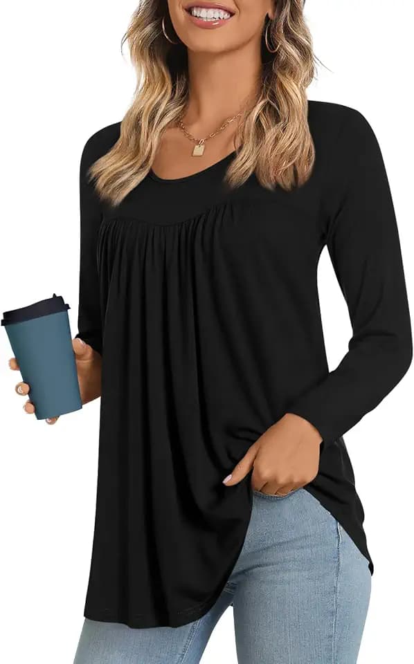 LONGYUAN Women's Long Sleeve Casual Tunics Tops 2026 Winter Loose Shirts Flare Blouse Comfy Elastic Cute