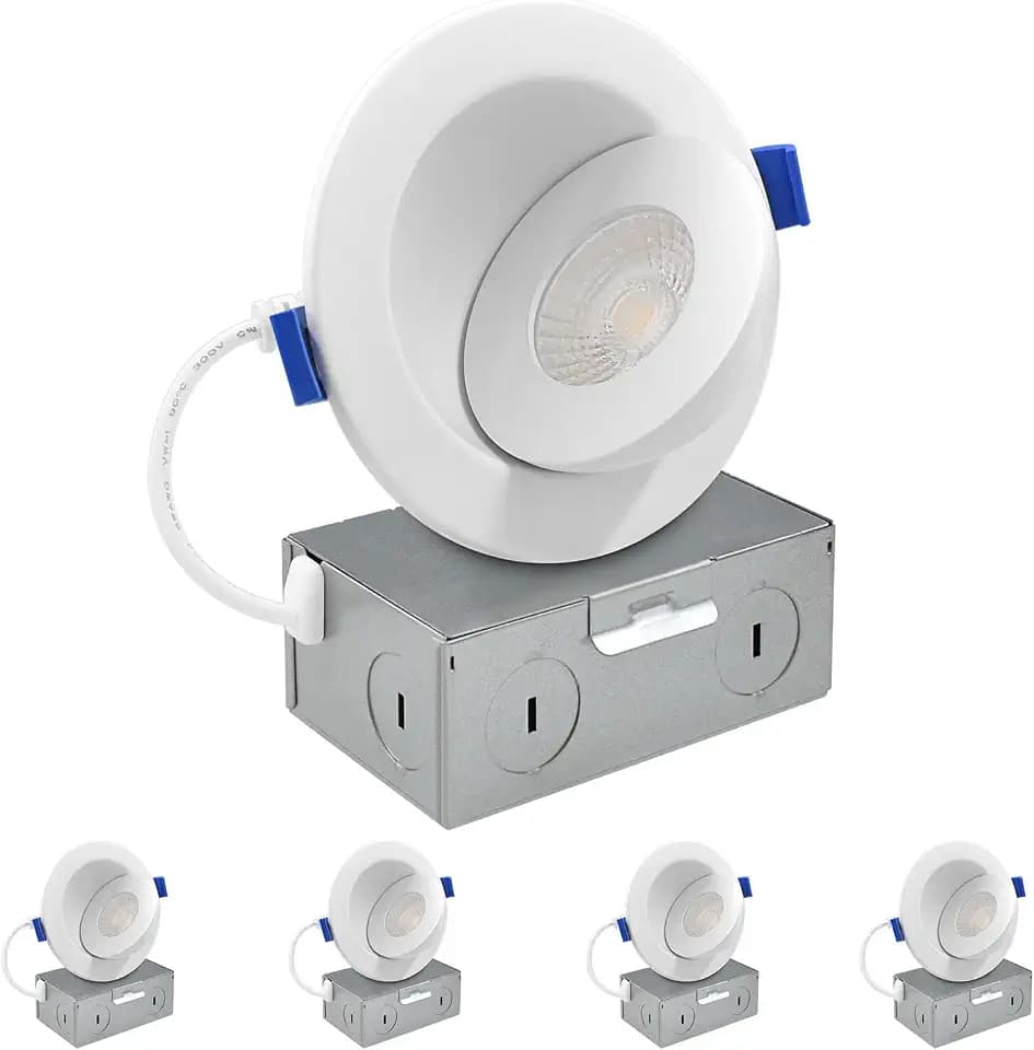 LUXRITE 3 Inch Gimbal LED Recessed Lighting with Junction Box, CRI 90, 5CCT 2700K-5000K, Dimmable, 8W, 700LM, Adjustable Directional Downlight, Damp & IC Rated, ETL Listed (4 Pack)