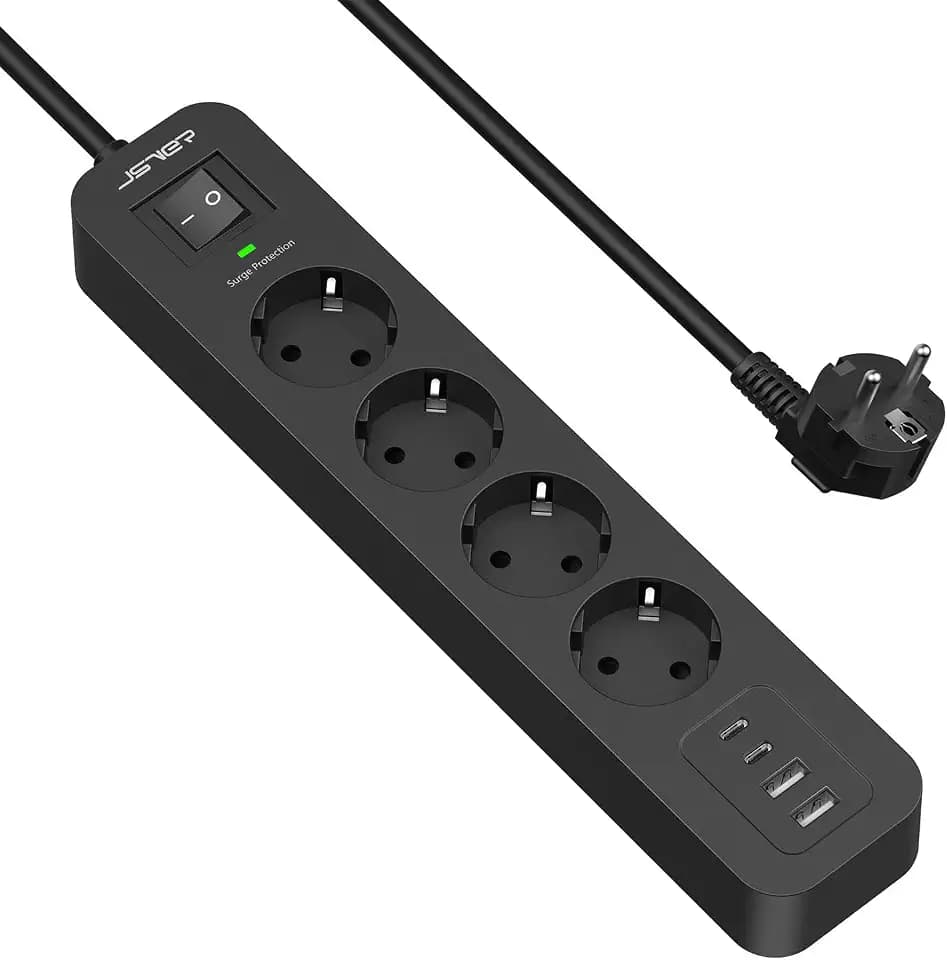 Steckdosenleiste Überspannungsschutz,JSVER Mehrfachsteckdose(3680W 16A) mit 4 Fach,2 USB A und 2 USB C Verteilersteckdose mit Schalter, Wandmontage Verlängerungskabel für Zuhause Büro, 2M-Schwarz