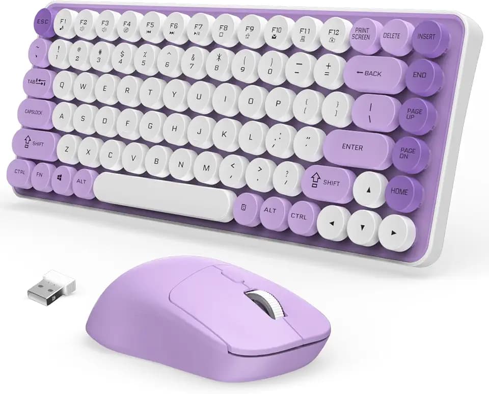 LAMA Colorful Wireless Keyboard and Mouse Combo, Retro 85 Keys Round Keyboard Mouse Set, Adjustable DPI Mouse, 2.4GHz USB Receiver, Silent Keyboard, Cute Mouse for PC, Windows, MAC, Desktop,Laptop(PL)