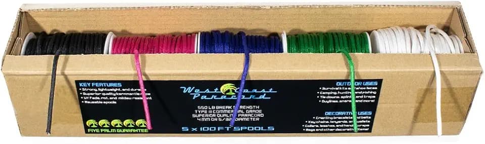 West Coast Paracord 550lb Paracord Variety Supplies – Type III Paracord Box Set – 100 Foot Spools of 5 Colors