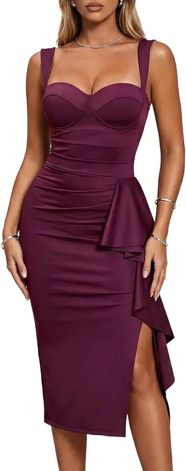 Etta Women's Ruched Bodycon Built-in Bra Cocktail Midi Dress