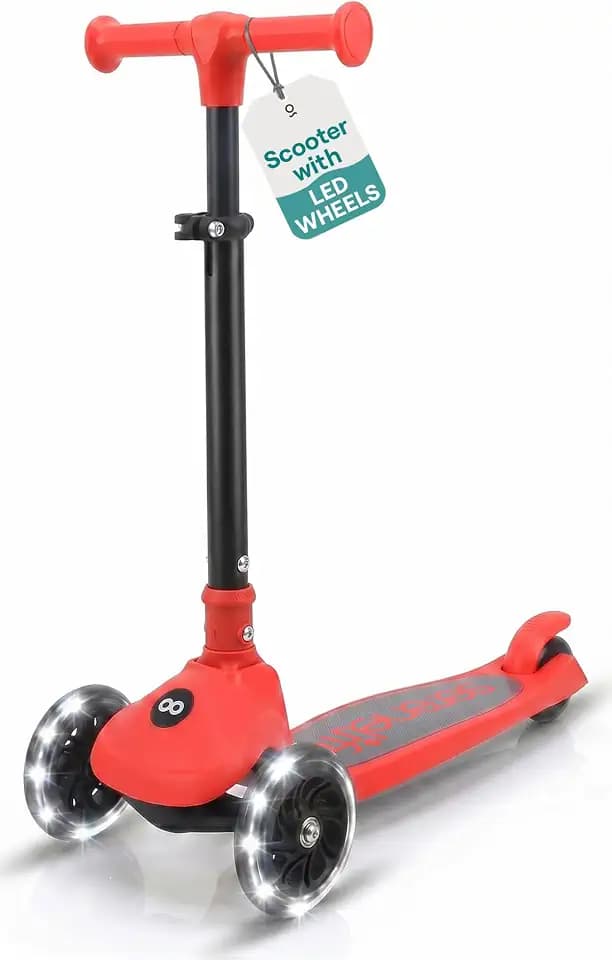 SereneLife 3 Wheel Scooter for Toddlers and Kids – Foldable Kid Scooter with LED Wheels, Adjustable Handlebar, Rear Brake, Anti-Slip Deck, Kids 3 Wheel Scooter for Ages 3-7, Up to 110 lbs, Red