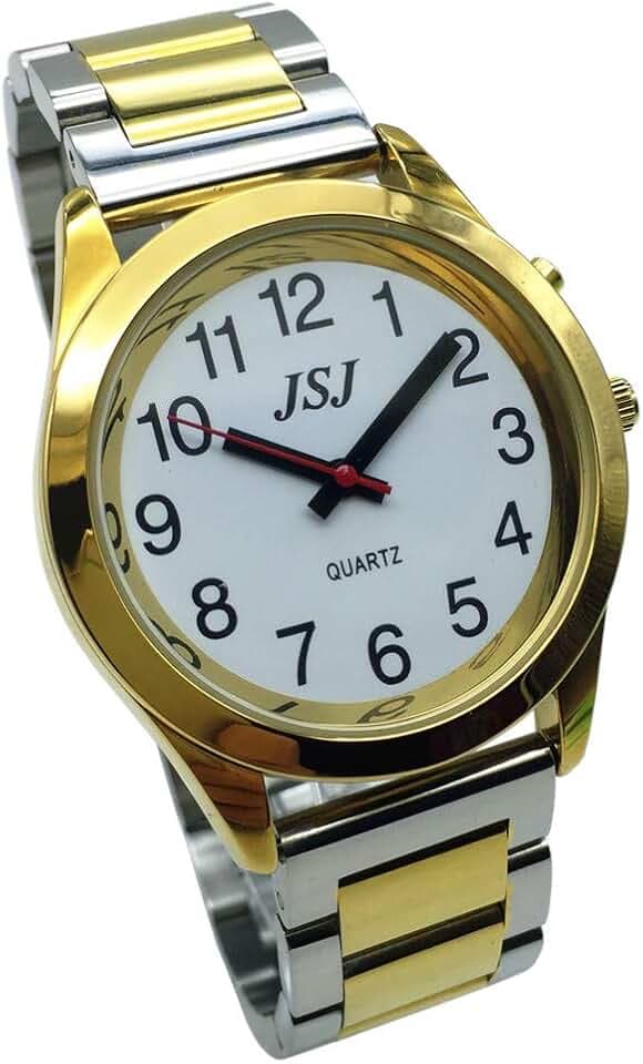 VISIONU TUF-G705 Armbanduhr, analog, mit Alarm, Anzeige der Uhrzeit und Datum, auf Französisch, für Blinde und Sehbehinderte, goldfarben, zweifarbiges Edelstahl-Armband, Armband