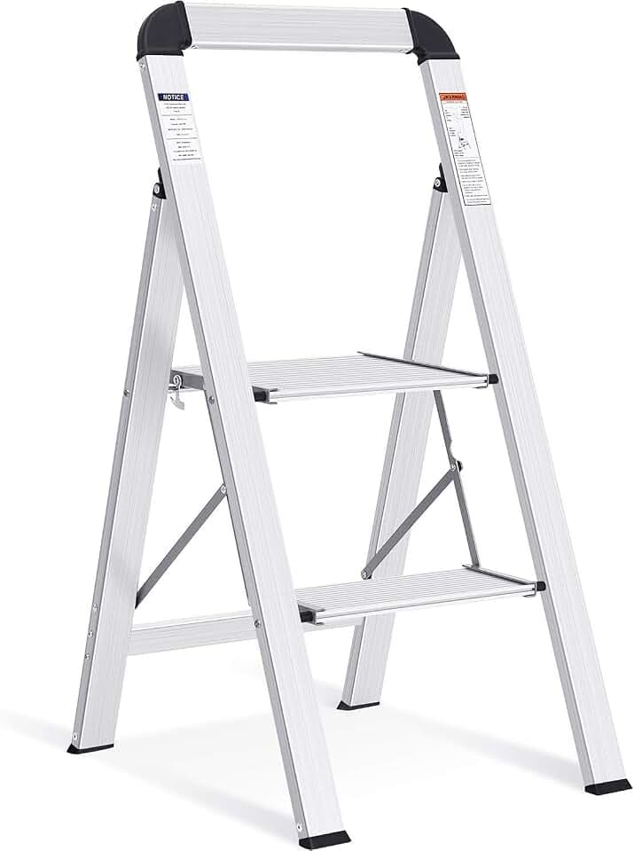 KINGRACK Leiter Aluminium, Trittleiter 2 Stufen Klappbar, Leicht | Haushaltsleiter mit Handlauf, Rutschfeste, Klappsicherung, Belastbar bis 150 kg, für Zuhause, Küche, Wohnung, Garten, Silber