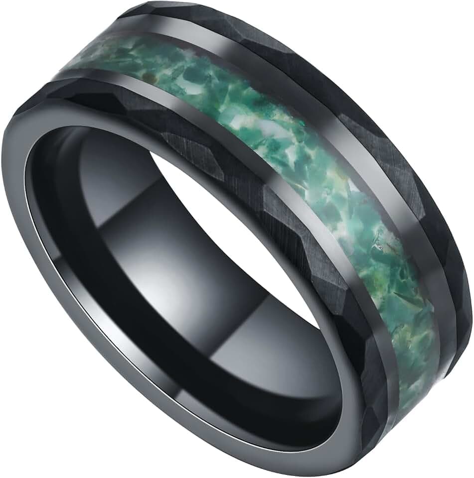 8mm Black Tungsten Mens Wedding Band Ruby/Moss Agate/Emerald/Citrine
