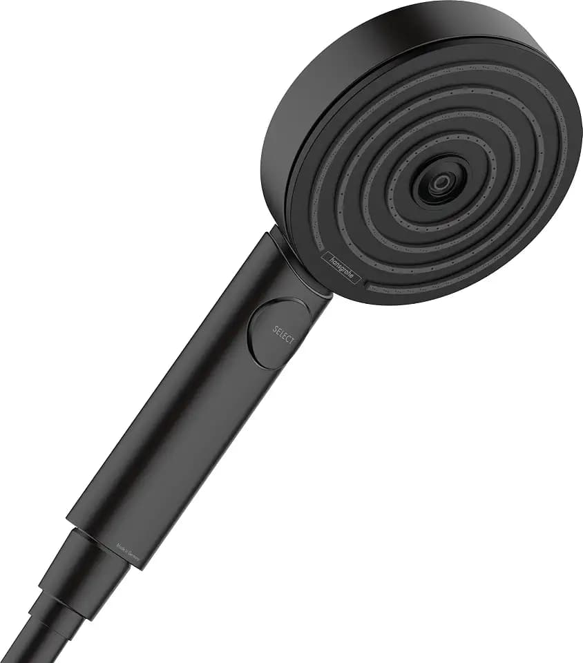 hansgrohe Pulsify Select S - wassersparender Duschkopf 9 l/min (EcoSmart), Handbrause mit 3 Strahlarten (Relaxation), runde Duschbrause (⌀ 105 mm), Sparduschkopf mit Antikalk-Funktion, Mattschwarz