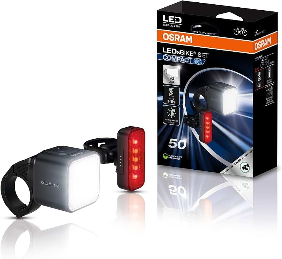 OSRAM LEDsBIKE COMPACT 50 Set, wiederaufladbares Fahrradlicht-Set – Vorder- und Rücklicht, StVZO-geprüft, Garmin-kompatible Halterun, DREI Beleuchtungsmodi, 50 Lux