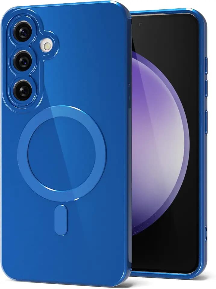 Svanove for Samsung Galaxy S23 FE Phone Case Silicone Magnetic, Compatible with Magsafe Case Cute for Women, Girly Bright Glossy Jelly Thin Slim Hard Mag Safe Rubber & Camera Cover, Metallic Blue
