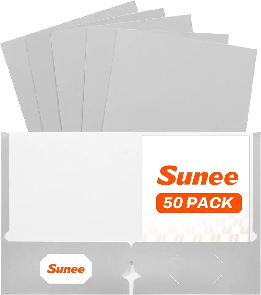 SUNEE Two Pocket Folders, 50 Pack File Folders with Business Card Slot, Textured Paper, Fit Letter Size Paper, Paper File Folder for School Office Home Business, Gray