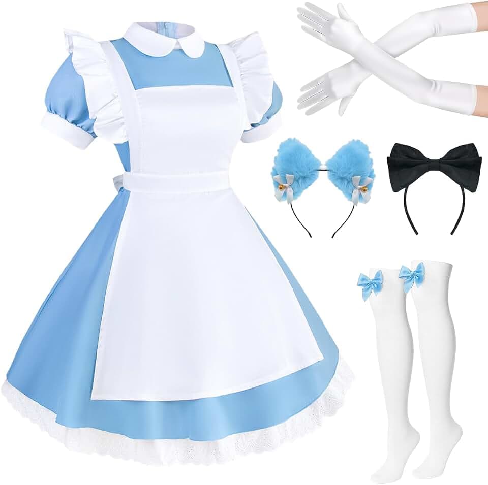5-teiliges Alice-Kostüm für Damen, Dienstmädchen-Schürze, Kostüm-Set mit Stirnband, Socken, Handschuhen für Erwachsene, Mädchen, Halloween, Karneval, Weltbuchtag, Cosplay