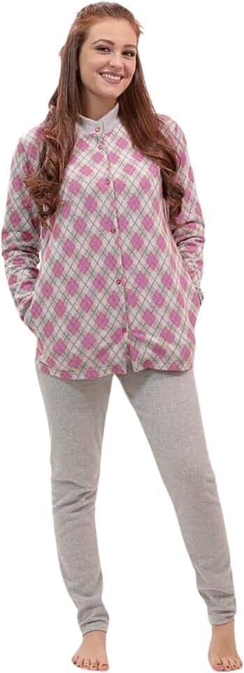 Leo Corsetteria Schlafanzug für Damen, Fleece, warm, für den Winter, hoher Kragen, Knopfleiste mit Taschen, Rautenmuster