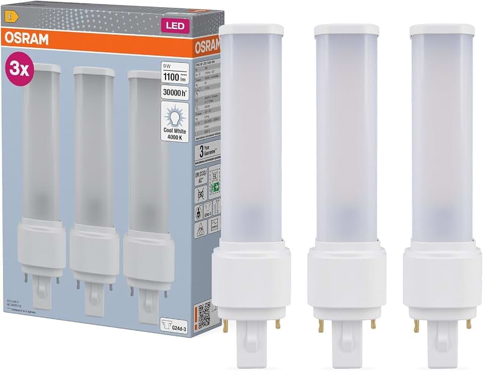 Osram DULUX D26 LED Kompaktlampe, 9W, 1100lm, 4000K Kaltweiß, Sockel G24D-3, 230V AC/CCG, CRI 80, 35mm Durchmesser, [Unit Count]