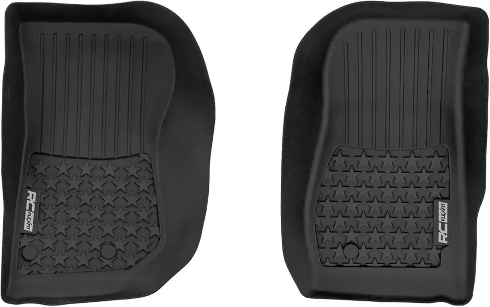 Rough Country Flex-Fit Front Floor Mats for Jeep Wrangler JK 2-Door (2014-2018) - Custom All-Weather TPE Mats with Spill Saver Lip & Non-Slip Surface