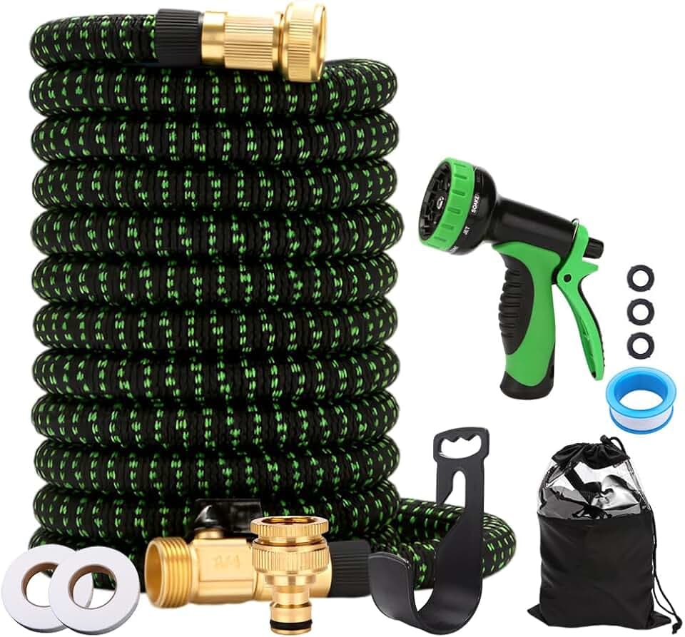 Gartenschlauch Flexibel, 15m Wasserschlauch Flexibel,Flexischlauch,Gartenschlauch Dehnbar mit 3 Dichtung,2 Wasserdichten Bändern,1 Dichtungsband,Haken,Gartens-chlauch für Bewässern,Autowaschen