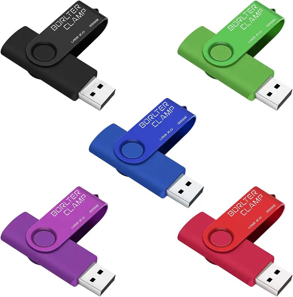 BorlterClamp 32GB USB Stick 5er-Pack USB 2.0-Laufwerk Set Bunter USB-Flash-Laufwerk Schwenkbare USB Speichersticks, Schwarz/Lila/Blau/Grün/Rot