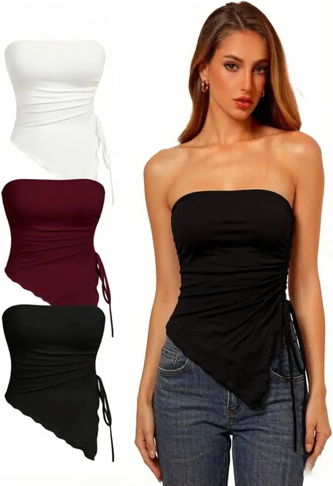 OYOANGLE Women's 3 Pack Going Out Asymmetrical Tops Drawstring Tube Top
