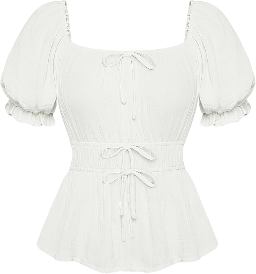 SCARLET DARKNESS Damen Bluse Kurz Puffärmel Schulterfrei Elastische Taille Oberteile mit Schleifen Verziert