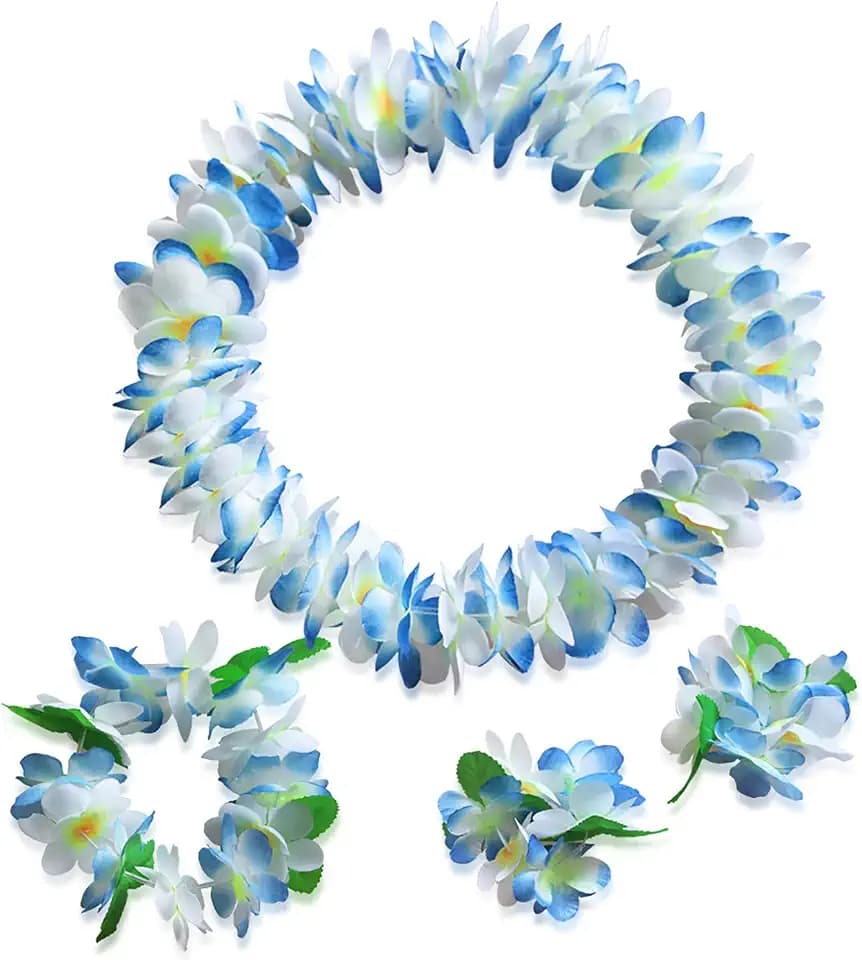 Hawaiian Luau Flower Leis Necklace Headband Bracelets Set,Perfect Luau Party Supplies for Summer Beach Vacations, Essential Party Decorations for Birthday, Graduation, and Wedding Celebrations (Blue)
