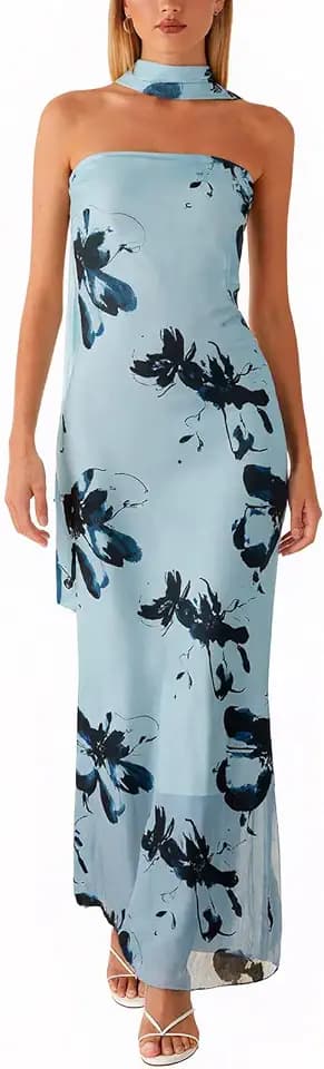 Women Floral Tube Maxi Dress with Scarf Summer Strapless Tube Bodycon Mesh Layer Cocktail Party Wedding Guest Dress