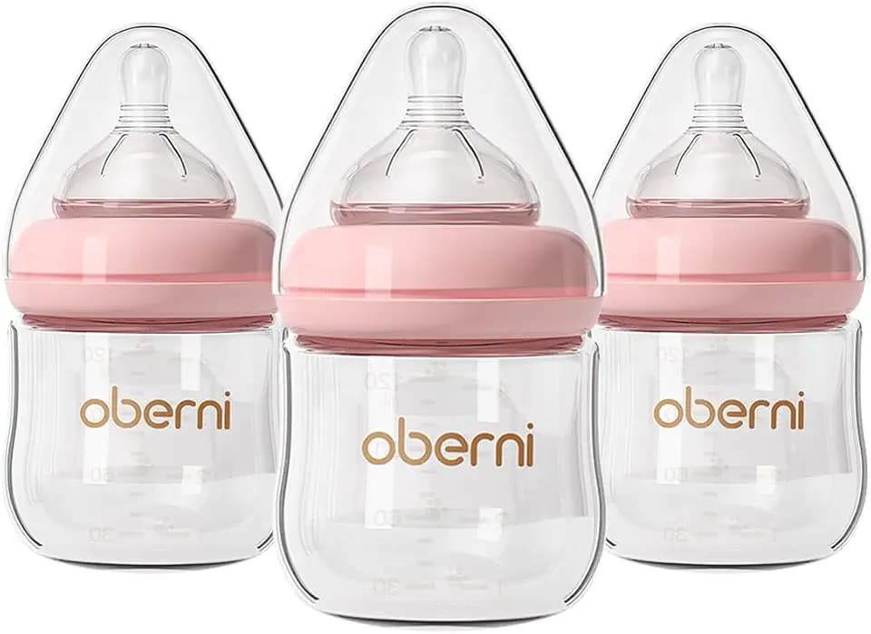 Oberni Babyflaschen aus glas, Milchflasche mit Silikon Sauger für Neugeborene 0+ Moaten, 120ml/Rosa/3 Stück