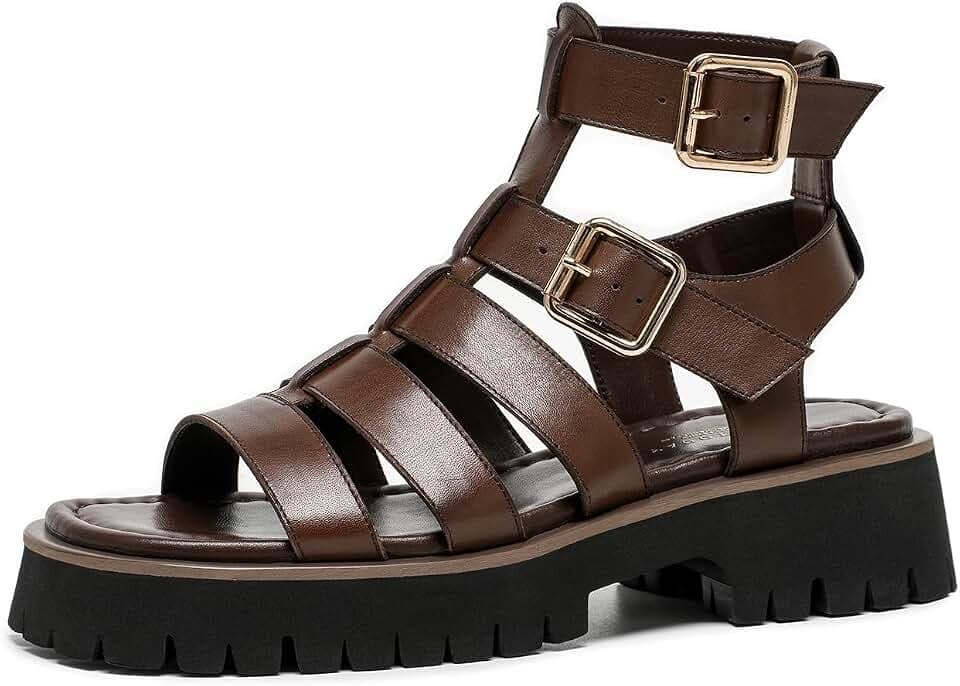 BEAU TODAY Womens Platform Gladiator Sandals, Leather Chunky Fisherman Sandals for Women with Open Toe, Fashion Comfortable Lightweight Summer Beach Dressy Shoes with Buckle