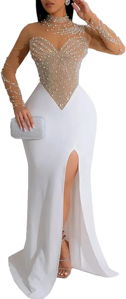 Yuopeid Women's Mock Neck Sexy Mesh Long Sleeve Split Dress Rhinestone Pearl Floor Length Bodycon Cocktail Party Dress