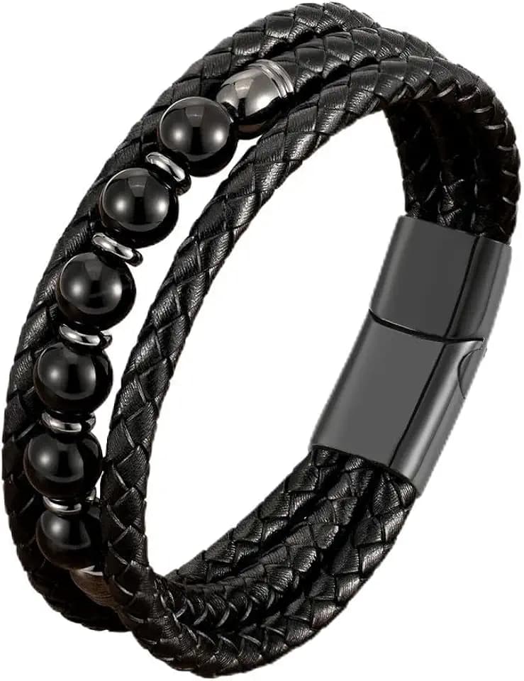 Tiger Eye Leather Bracelet for Men,3 Layer Multi-Layer Braided Leather Bracelet With Natural Tiger Eyes Gemstone 361L Stainless Steel Clasp Cuff Wristband Jewelry for Men Father