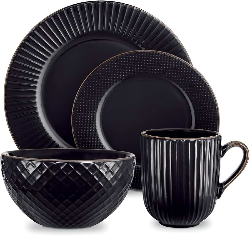 Tower T867002BLK Empire Geschirr-Set, aus Steinzeug, in Schwarz und Messingfarben, 16-teilig