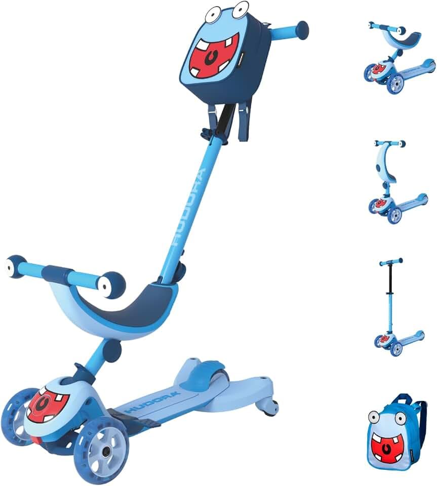 HUDORA 4‑in‑1 Kinder Scooter im Monster‑Design – Flexibles Rutscherfahrzeug und Tri‑Scooter – LED‑Räder und Rucksack – höhenverstellbar – ab 12 Monaten – Sitzen und Fahren – Jungen und Mädchen
