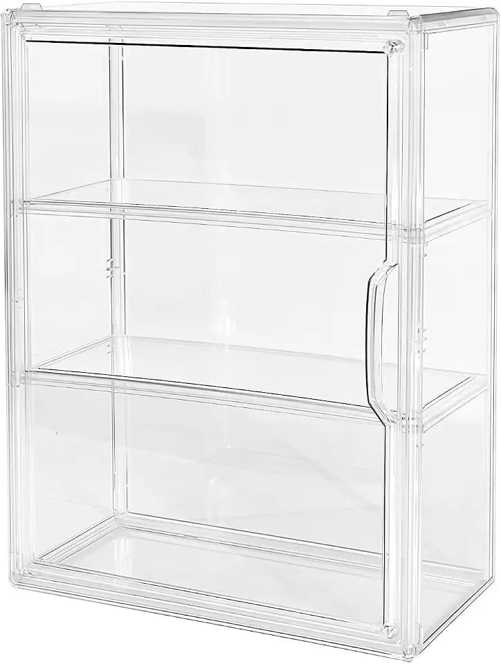 3 Stöckig Acryl Vitrine für Figuren Sammlerstücke Schaukasten Klein mit Magnetische Tür Staubdichte Stapelbare Transparent Sammlervitrine für Blind Box Puppen Modellautos Spielzeug Kosmetik 36x27x14cm