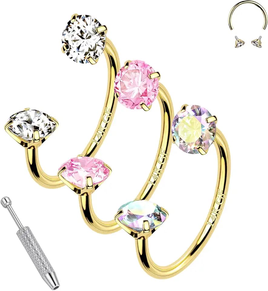 3Pcs 14k Gold Filled Horseshoe Nose Rings Studs, 20G 18G 16G 316L Stainless Steel Threaded Labret Lip Daith Helix Tragus Cartilage Earrings Piercing Jewelry With Tool 7mm/8mm Gold