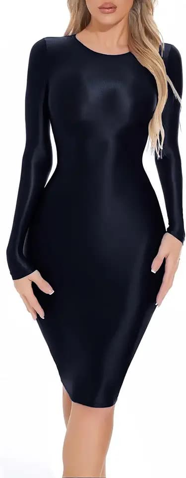 Maeau Ölglänzendes glänzendes Kleid für Damen, glattes Kleid, geöltes Wickelkleid, figurbetontes Minikleid, Nachtclub, Partykleid, lange Ärmel, enge Bleistiftkleider