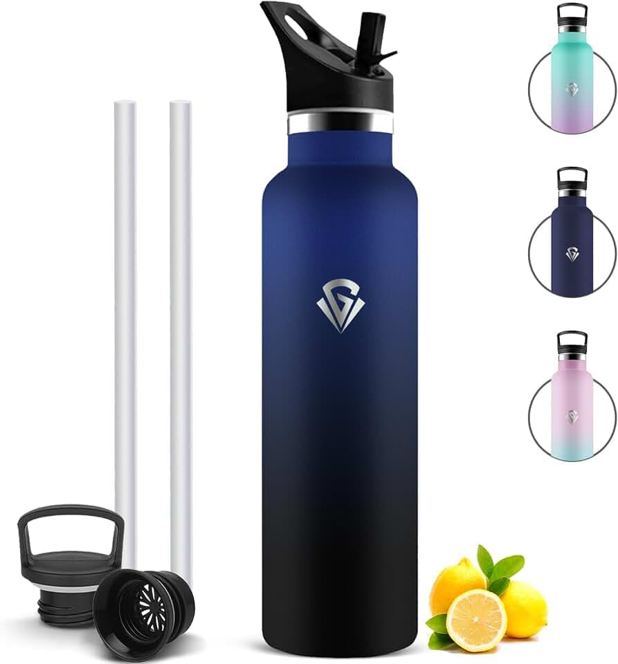 Trinkflasche Edelstahl 1l, Thermosflasche mit 2 Deckel, BPA-frei Wasserflasche mit Strohhalm, Auslaufsicher Trinkflasche Sport Kohlensäure Geeignet für Reisen, Fitness, Büro