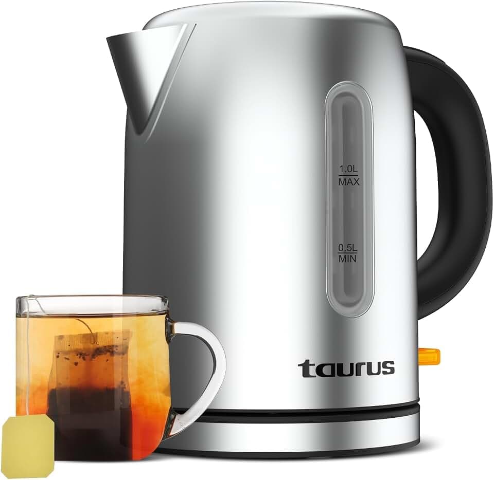 Taurus – Wasserkocher Selene Compact 2400W | 1L | 360° Basis | Verstecktes Heizelement | Kabelaufwicklung | Automatische Deckelöffnung | Edelstahl | Auto-Off | BPA-frei | Kompaktes Design