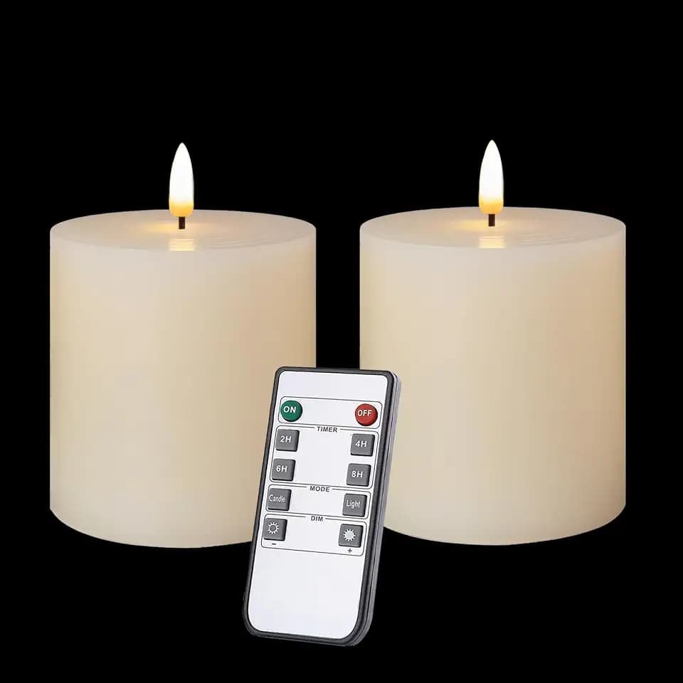 volnyus Flameless Candles Set of 2 (3x3 inch) Flickering LED Real Wax Candles Battery Operated with Remote Control Timers for Fireplace Bedroom Livingroom Party Dimmable Ivory Pillars Flat top