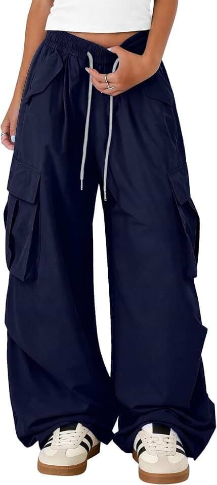 Bakyarder Women’s Baggy Cargo Pants,Y2K Barrel Wide Leg Streetwear Drawstring Trousers with Pockets