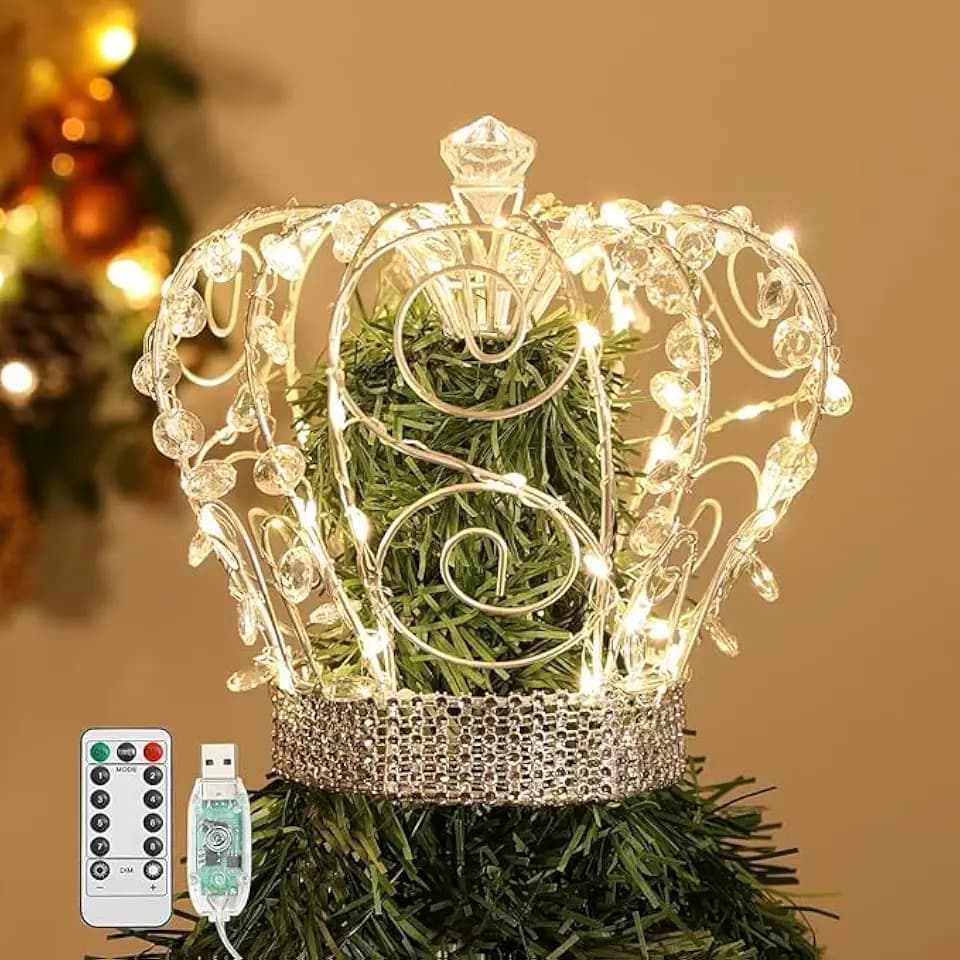 Lewondr Weihnachtsbaumdekor, Krone für den Baum mit Metallrahmen und 50 Warmen Lichtkugeln, USB-Betrieb und Fernbedienung mit 6-Stunden-Timer, Wohnkultur für die Feiertage, Silber