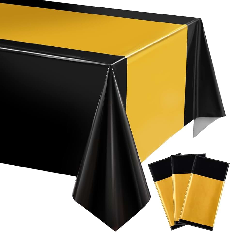 Tatuo 3 Pcs Black and Gold Rectangle Tablecloth Table Cover Runner Set