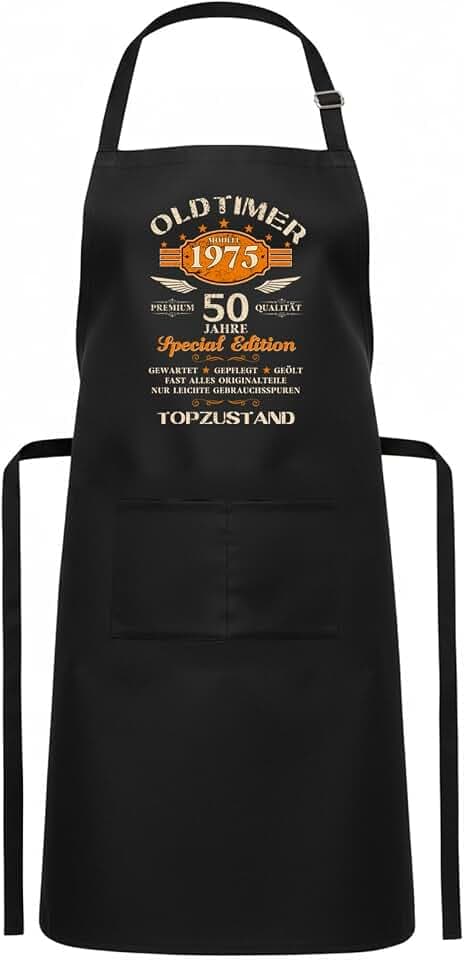 Schürze 40. 50. 60. Geburtstag Mann - Oldtimer Motiv mit Jahrgang, wasserabweisend, verstellbares Nackenband, Doppeltaschen 70x80 cm - Lustiges Geschenk für Männer zum Grillen & BBQ